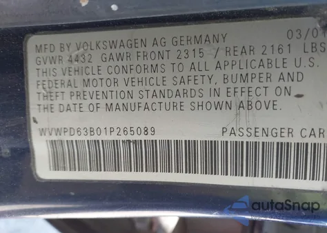 2001 Volkswagen Passat Gls из США, поврежденный, VIN WVWPD63B01P265089